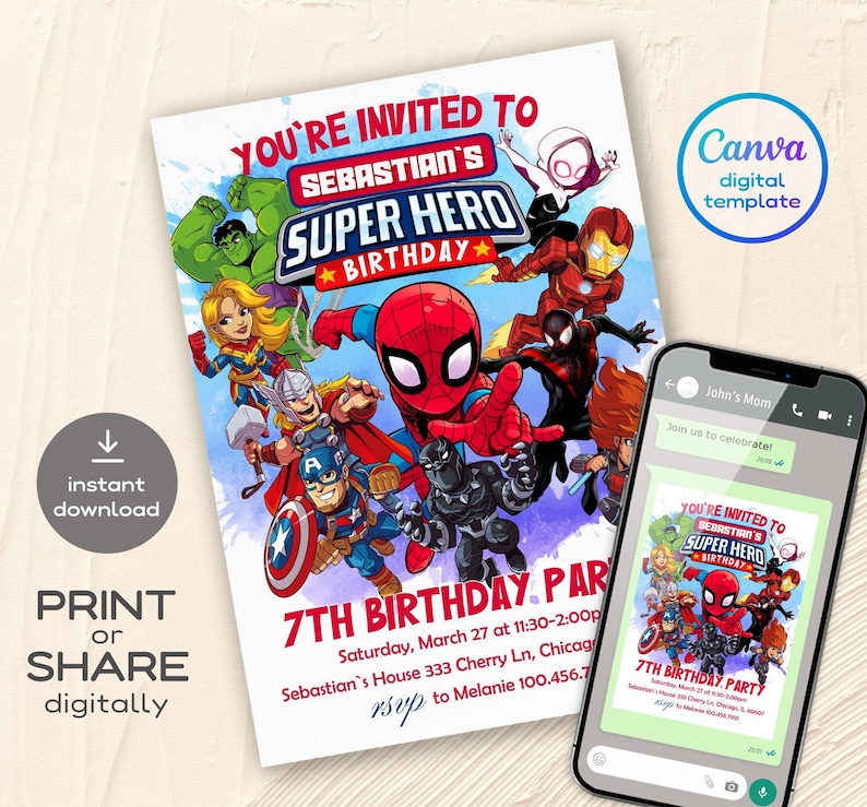 May include: A digital invitation for a superhero themed 7th birthday party. The invitation features a colorful illustration of various superheroes, including Spiderman, Iron Man, and Captain America. The text on the invitation reads "You're invited to Sebastian's Super Hero Birthday" and includes the date, time, and location of the party.