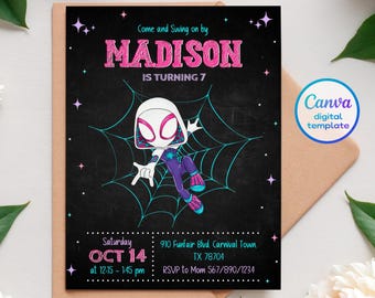 Gwen Birthday invitation, Spider-Verse girl birthday invite, editable Ghost Spidey invitation, Spidey Gwen Party, girl Spiderman Birthday