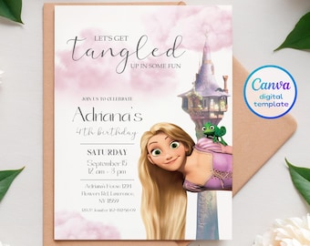 Princess Rapunzel Birthday invitation, Girl editable invite template, castle printable invitation, once upon a time royal party, Rapunсel