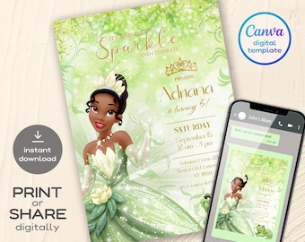 Princess Tiana Birthday invitation, Girl editable invite template, princess frog printable invitation, royal party, instant download