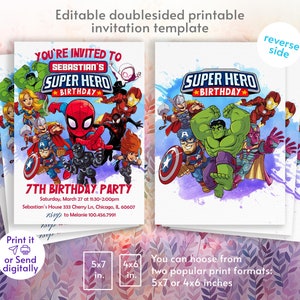 May include: Editable printable invitation template for a 7th birthday party with a superhero theme. The front of the invitation features a colorful illustration of various superheroes, including Spiderman, Captain America, Hulk, and Iron Man. The back of the invitation features a similar illustration with a different group of superheroes. The invitation is available in two sizes: 5x7 inches or 4x6 inches.