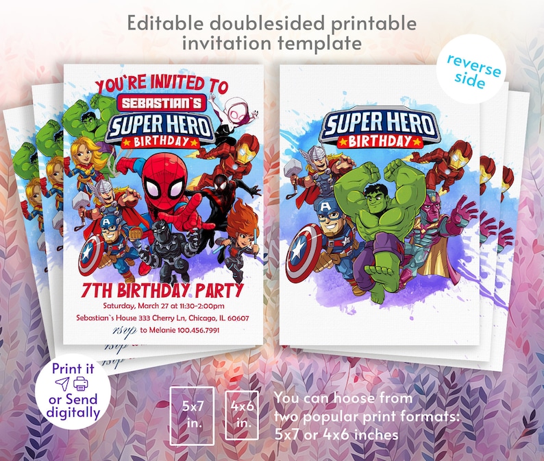May include: Editable printable invitation template for a 7th birthday party with a superhero theme. The front of the invitation features a colorful illustration of various superheroes, including Spiderman, Captain America, Hulk, and Iron Man. The back of the invitation features a similar illustration with a different group of superheroes. The invitation is available in two sizes: 5x7 inches or 4x6 inches.