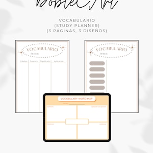 May include: Three printable vocabulary study planner pages with a gold and white color scheme. The first page has a table with columns for word, phonetic spelling, definition, and application. The second page has a list of blank lines for writing words. The third page has a word map with sections for definition, synonyms, antonyms, and application with examples.