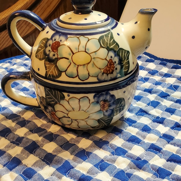 Poland Pottery  Unikat Danuta Jakuboskwa Tea For One,  Stunning Blue Florals!