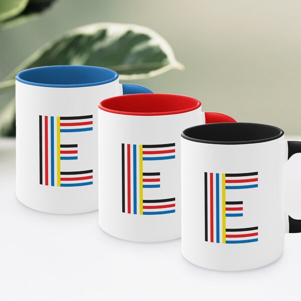 Letter 'E' Ceramic Mug with Color Accents | Retro Stripes