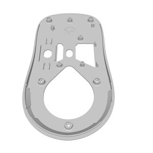 May include: A gray plastic mouse shell with a cutout design and several holes for screws. The shell is designed for a computer mouse.