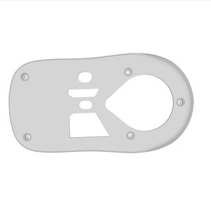 May include: A gray metal plate with a cutout design. The plate has six holes around the edge and a larger cutout in the center.