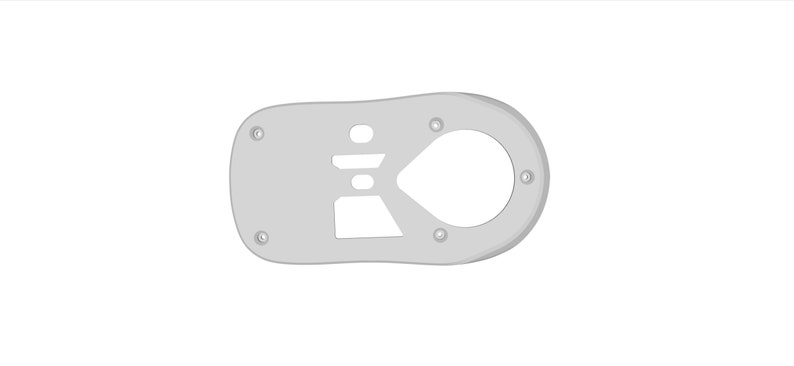 May include: A gray metal plate with a cutout design. The plate has six holes around the edge and a larger cutout in the center.
