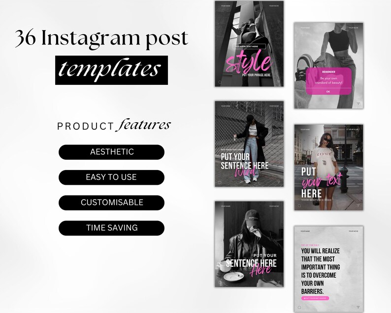 Pink Instagram Canva template bundle showing 36 editable posts, matching story slides, and 148 short vertical reels video covers in a soft pastel pink aesthetic for coaches, small businesses, and content creators, perfect for feminine Instagram branding and engagement-boosting social media content.