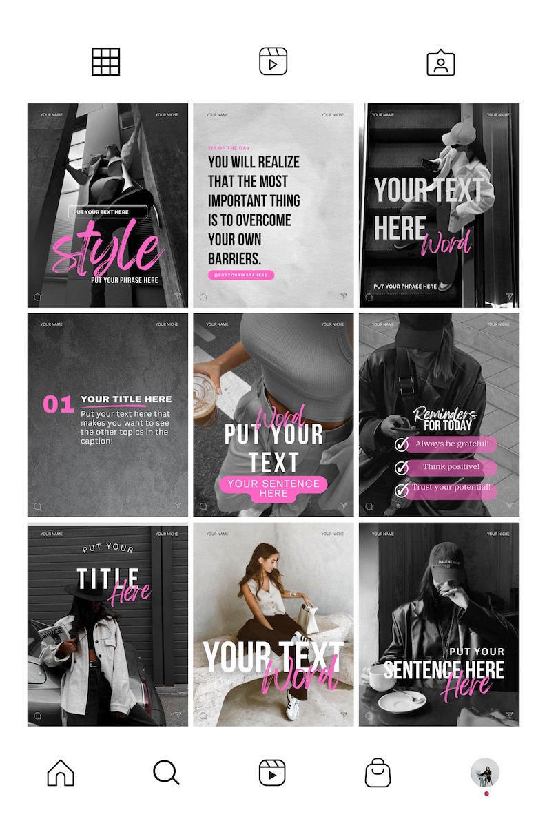Pink Instagram Canva template bundle showing 36 editable posts, matching story slides, and 148 short vertical reels video covers in a soft pastel pink aesthetic for coaches, small businesses, and content creators, perfect for feminine Instagram branding and engagement-boosting social media content.