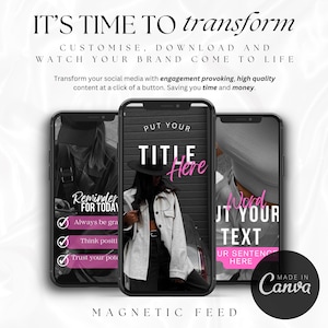 Pink Instagram Canva template bundle showing 36 editable posts, matching story slides, and 148 short vertical reels video covers in a soft pastel pink aesthetic for coaches, small businesses, and content creators, perfect for feminine Instagram branding and engagement-boosting social media content.