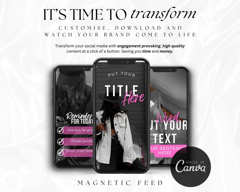 Pink Instagram Canva template bundle showing 36 editable posts, matching story slides, and 148 short vertical reels video covers in a soft pastel pink aesthetic for coaches, small businesses, and content creators, perfect for feminine Instagram branding and engagement-boosting social media content.