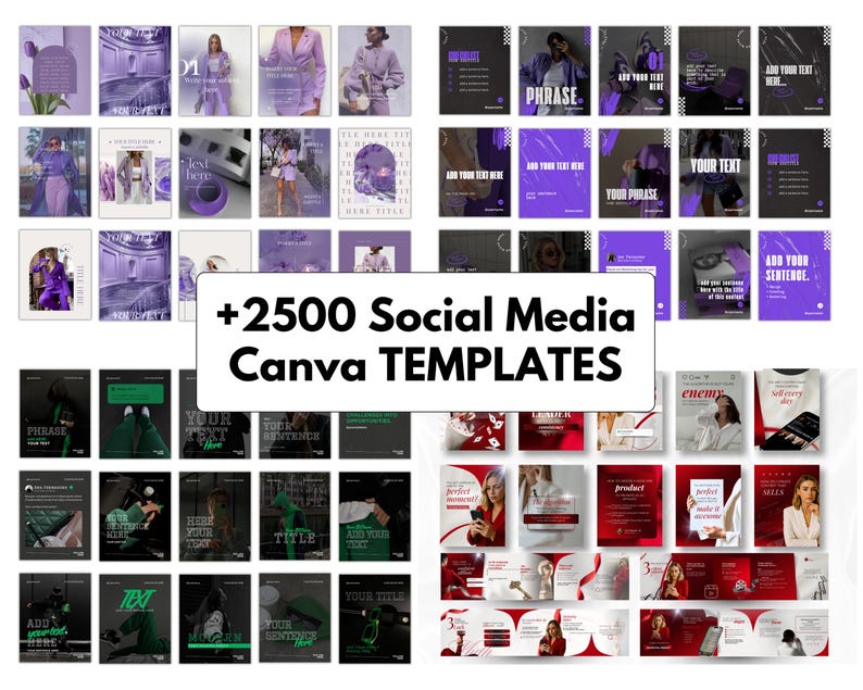 2500+ editable Canva social media templates bundle for coaches, entrepreneurs and small business owners including Instagram posts, carousel templates, TikTok video templates, Pinterest pins, Facebook marketing graphics, reels, stories and professional branding designs