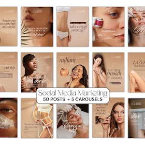 May include: A collection of social media marketing posts for skincare and beauty treatments. The images feature diverse models and include text such as "skin care", "laser hair removal", and "love your skin". The overall theme is self-care and beauty.