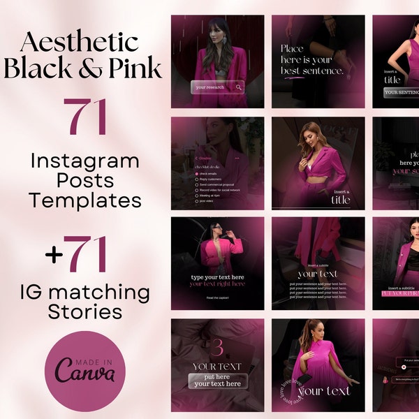 Lot de luxueux modèles de toile Instagram esthétiques noirs et roses pour un flux Instagram saisissant | Modèles de réseaux sociaux| Alimentation attrayante