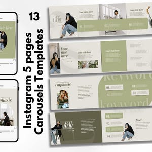 Puede incluir: Una maqueta de producto digital que presenta 13 plantillas de carrusel de Instagram. El diseño utiliza una combinación de colores verde claro y beige con marcadores de posición de texto e imágenes. Dos maquetas de teléfono están a la izquierda y las páginas del carrusel a la derecha.