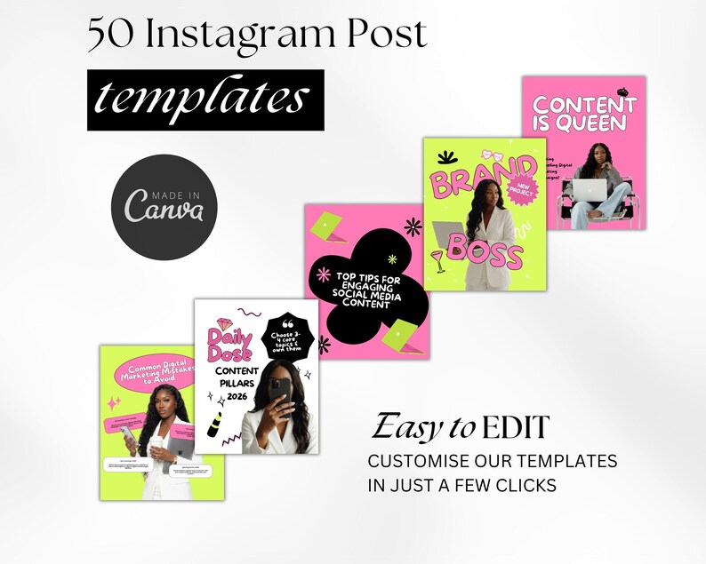 Bold Black Pink Social Media Canva Templates | 50 Marketing Posts ...