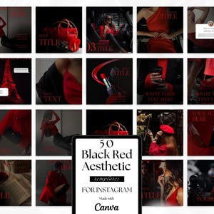 Post Instagram estetici in nero e rosso - Storia - 50 modelli / Canva modificabile / Pacchetto social media di moda di lusso / Post femminili dark e di umore cupo