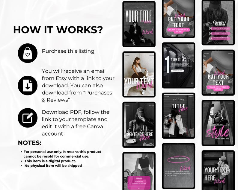 Pink Instagram Canva template bundle showing 36 editable posts, matching story slides, and 148 short vertical reels video covers in a soft pastel pink aesthetic for coaches, small businesses, and content creators, perfect for feminine Instagram branding and engagement-boosting social media content.