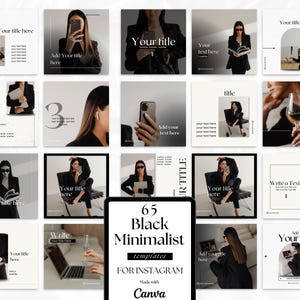Könnte beinhalten: Eine Sammlung von 65 schwarzen und weißen minimalistischen Instagram-Vorlagen für Canva. Die Vorlagen bieten eine Vielzahl von Designs, darunter Textfelder, Bilder und Symbole. Die Vorlagen sind perfekt für Unternehmen und Einzelpersonen, die einen zusammenhängenden und stilvollen Look für ihre sozialen Medien erstellen möchten.