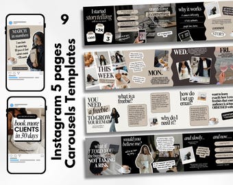 May include: A digital marketing template set for Instagram carousels. The design features a neutral color palette with black and beige accents. The template includes text and images, with phrases like "book more clients in 30 days."