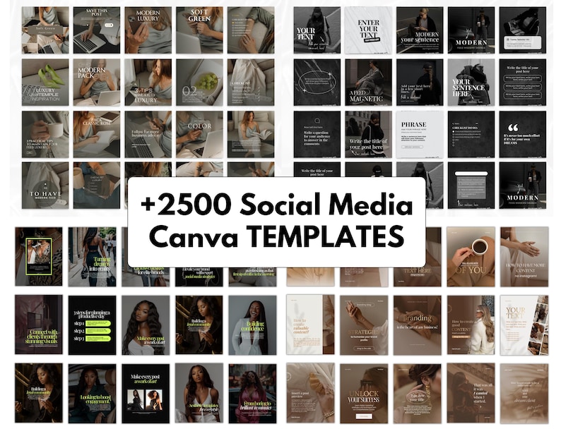 2500+ editable Canva social media templates bundle for coaches, entrepreneurs and small business owners including Instagram posts, carousel templates, TikTok video templates, Pinterest pins, Facebook marketing graphics, reels, stories and professional branding designs
