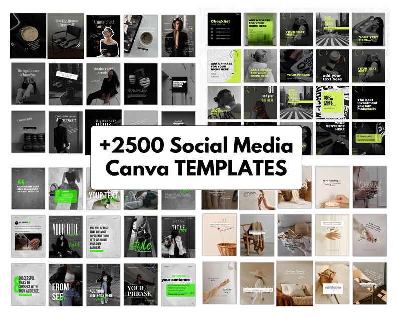 2500+ editable Canva social media templates bundle for coaches, entrepreneurs and small business owners including Instagram posts, carousel templates, TikTok video templates, Pinterest pins, Facebook marketing graphics, reels, stories and professional branding designs