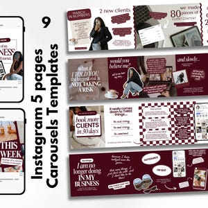 May include: A digital marketing template set for Instagram carousels. The design features a dark red and white color scheme with text and images. The templates are designed to help users create engaging content and grow their business. The text includes phrases like "Sharing Now" and "Book More Clients".
