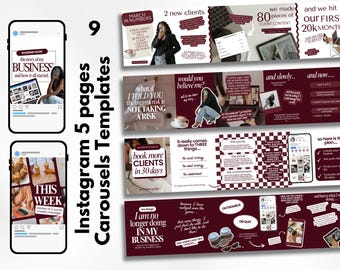 Bold Burgundy Instagram Carousel Templates | 5-Page Canva Posts for Coaches (Digital Download)
