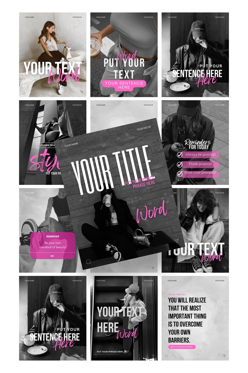 Pink Instagram Canva template bundle showing 36 editable posts, matching story slides, and 148 short vertical reels video covers in a soft pastel pink aesthetic for coaches, small businesses, and content creators, perfect for feminine Instagram branding and engagement-boosting social media content.