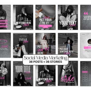 Pink Instagram Canva template bundle showing 36 editable posts, matching story slides, and 148 short vertical reels video covers in a soft pastel pink aesthetic for coaches, small businesses, and content creators, perfect for feminine Instagram branding and engagement-boosting social media content.