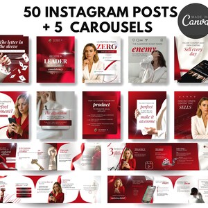 May include: A collection of 50 Instagram post templates and 5 carousel templates. The templates feature a red and white color scheme with various layouts and text overlays. The text includes phrases like "The letter in the sleeve" and "Become a leader."