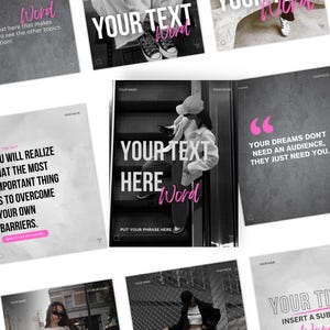 Pink Instagram Canva template bundle showing 36 editable posts, matching story slides, and 148 short vertical reels video covers in a soft pastel pink aesthetic for coaches, small businesses, and content creators, perfect for feminine Instagram branding and engagement-boosting social media content.