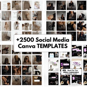 2500+ editable Canva social media templates bundle for coaches, entrepreneurs and small business owners including Instagram posts, carousel templates, TikTok video templates, Pinterest pins, Facebook marketing graphics, reels, stories and professional branding designs