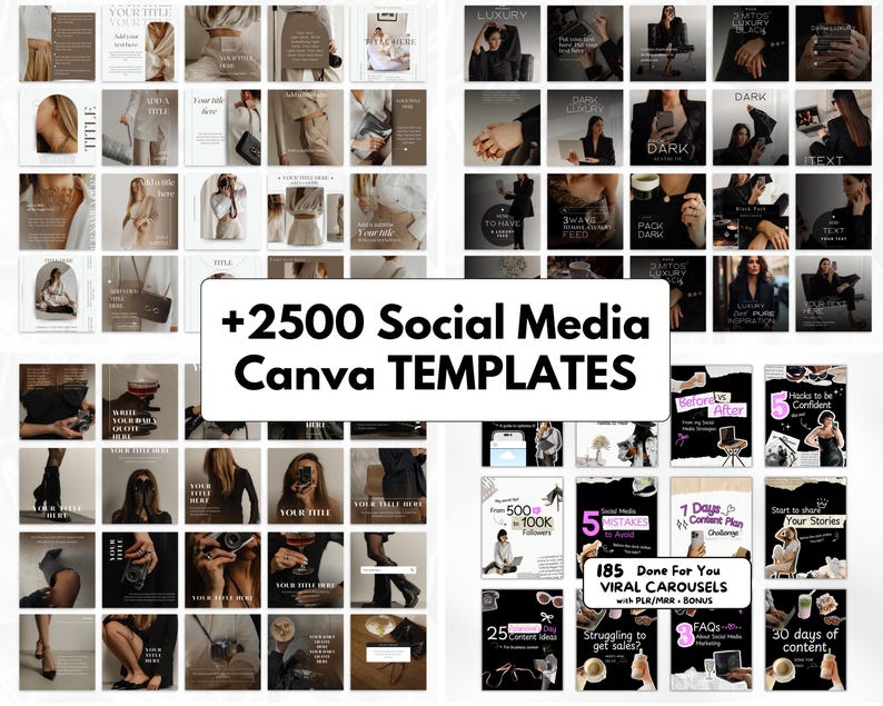 2500+ editable Canva social media templates bundle for coaches, entrepreneurs and small business owners including Instagram posts, carousel templates, TikTok video templates, Pinterest pins, Facebook marketing graphics, reels, stories and professional branding designs