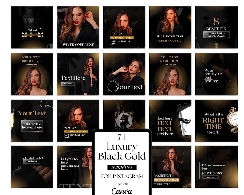 Black & Gold Instagram Templates | Canva Social Media Feed (PDF) - Etsy
