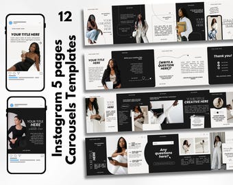 Instagram Carousel Templates, Black White Branding, 5-Page Canva Posts (Digital Download)
