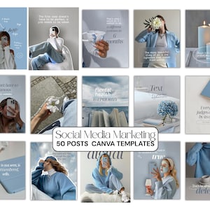 Puede incluir: Una colección de 15 plantillas de marketing para redes sociales en azul claro. Cada plantilla presenta un diseño minimalista con superposiciones de texto e imágenes de personas, flores y objetos. El texto incluye frases como "Acerca de mí".