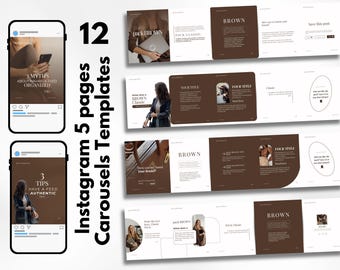 12 Brown Canva Carousel Templates | 5-Page Seamless Instagram Posts (Digital Download)