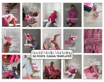 50 Editable Pink Aesthetic Posts Social Media Marketing Instagram Canva Templates – for Coaches, Content Creators & Small Business Brands