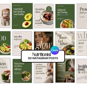 Instagram-Vorlagen für Ernährungswissenschaftler, 50 bearbeitbare Canva-Posts für Diätologen, Gesundheitscoaches und Wellness-Marken