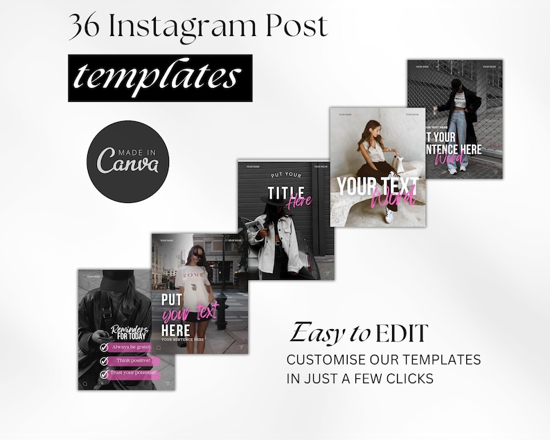 Pink Instagram Canva template bundle showing 36 editable posts, matching story slides, and 148 short vertical reels video covers in a soft pastel pink aesthetic for coaches, small businesses, and content creators, perfect for feminine Instagram branding and engagement-boosting social media content.