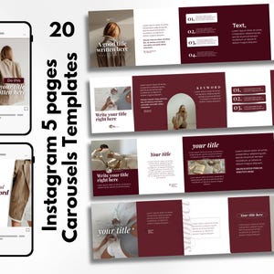 Può includere: Un prodotto digitale che presenta 20 modelli di carosello Instagram su 5 pagine. I modelli presentano una combinazione di colori bordeaux e bianco con sovrapposizioni di testo come "Your Title" e "Keyword". Il design include immagini di persone e caselle di testo.