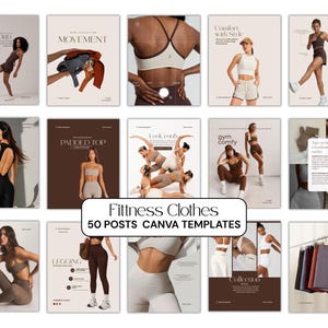 Può includere: Una collezione di modelli di abbigliamento fitness. Le immagini mostrano vari outfit sportivi, tra cui leggings, pantaloncini e top. La tavolozza dei colori include tonalità neutre come marrone, beige e bianco. Le sovrapposizioni di testo includono "KEYWORD", "MOVEMENT" e "PADDED TOP".