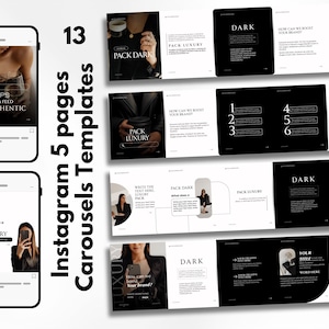 Peut inclure: Ensemble de 13 modèles de carrousel Instagram avec une esthétique sombre et minimaliste. Les modèles présentent des superpositions de texte, notamment "DARK", "PACK LUXURY" et des conseils pour un flux authentique. Le design intègre des éléments noirs et blancs.