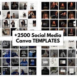 2500+ editable Canva social media templates bundle for coaches, entrepreneurs and small business owners including Instagram posts, carousel templates, TikTok video templates, Pinterest pins, Facebook marketing graphics, reels, stories and professional branding designs