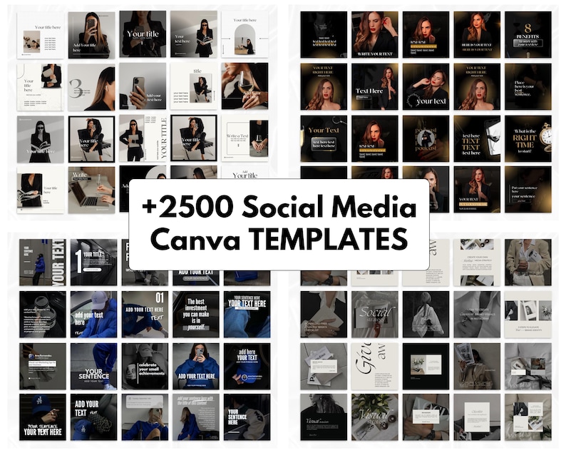2500+ editable Canva social media templates bundle for coaches, entrepreneurs and small business owners including Instagram posts, carousel templates, TikTok video templates, Pinterest pins, Facebook marketing graphics, reels, stories and professional branding designs