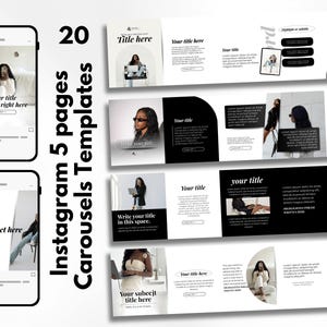 May include: A digital product showcasing 20 Instagram carousel templates across 5 pages. The design features black and white layouts with text placeholders for titles and content. Mockups of Instagram posts are also included.
