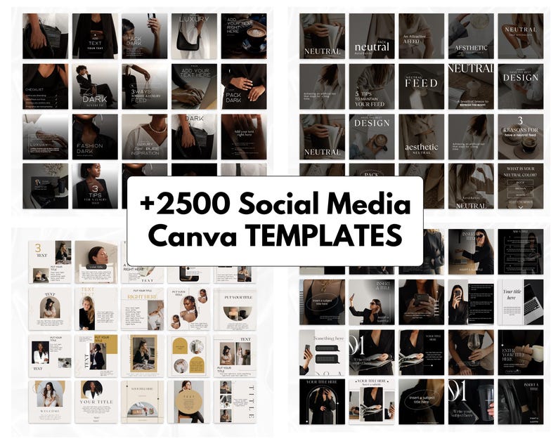2500+ editable Canva social media templates bundle for coaches, entrepreneurs and small business owners including Instagram posts, carousel templates, TikTok video templates, Pinterest pins, Facebook marketing graphics, reels, stories and professional branding designs