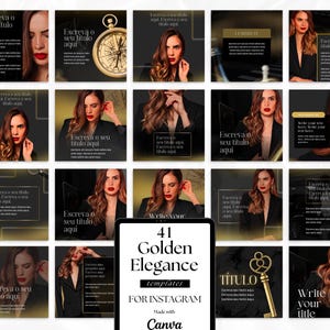 May include: A set of 41 Instagram templates featuring a gold and black colour scheme. The templates feature a variety of designs, including geometric shapes, typography, and images of women. The text "41 Golden Elegance Templates for Instagram Made with Canva" is displayed on a tablet.